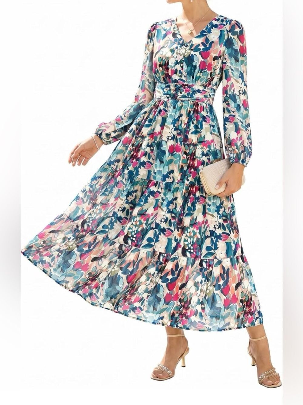 GRACE KARIN Floral Long Sleeve Tiered Maxi Dress Small
